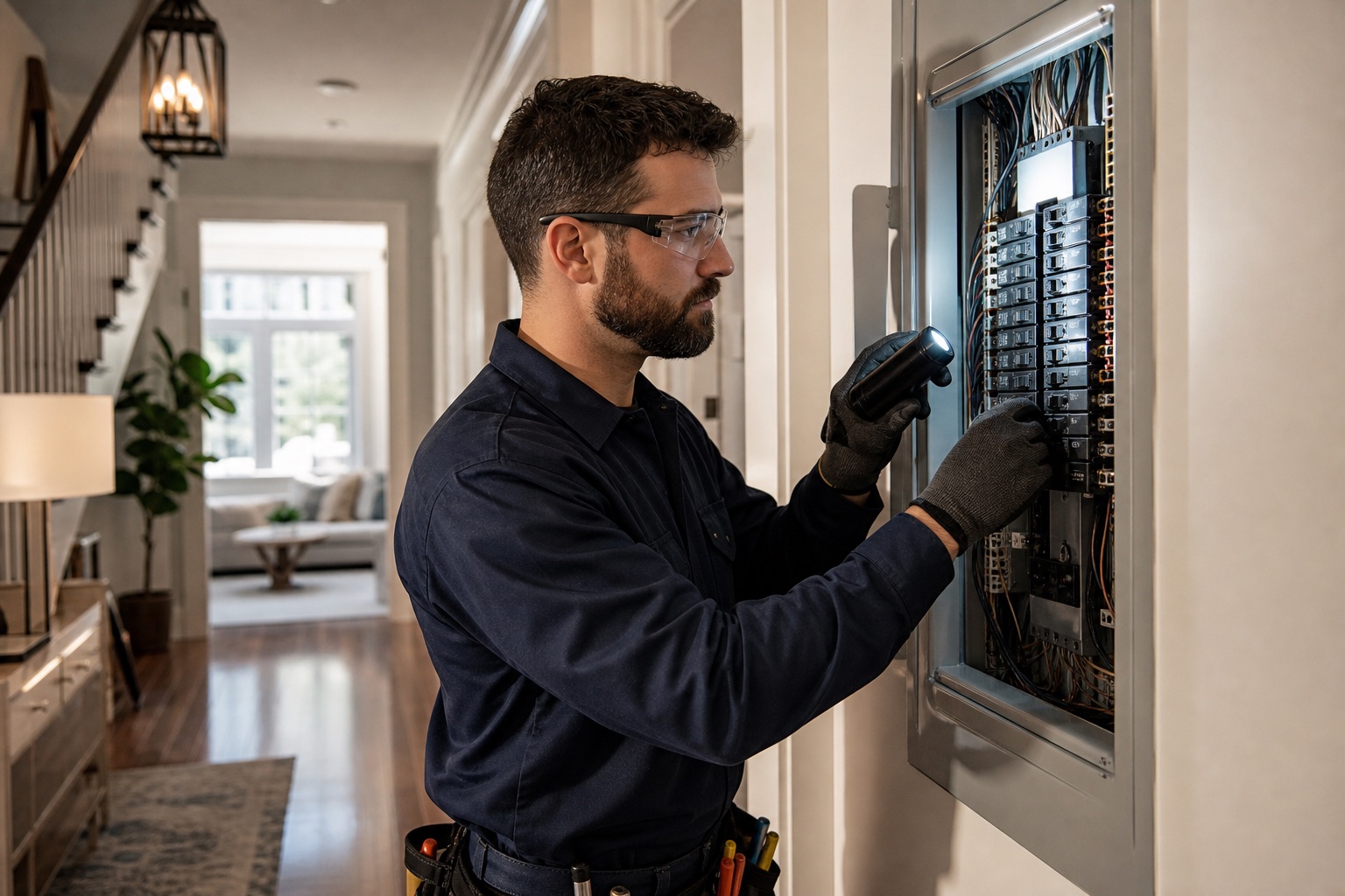 Electrician inspecting a residential electrical panel