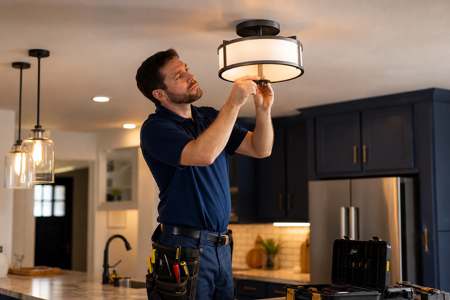 Electrician installing a ceiling light fixture